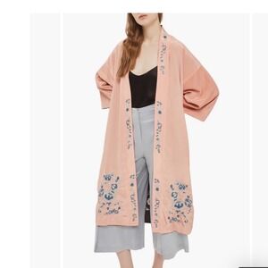 Topshop Reversible Embroidered‎ Kimono Jacket Peach Black Floral Duster Coat